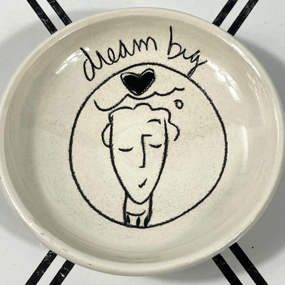 Handmade Signed Ceramic Trinket Dish Dream Big Face Heart Black Art Small‎ Bowl